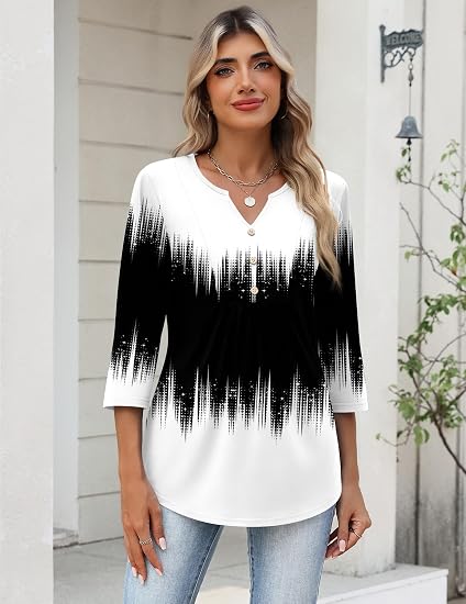 Pleated V-Neck Three-Quarter Sleeve Top