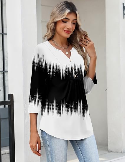 Pleated V-Neck Three-Quarter Sleeve Top