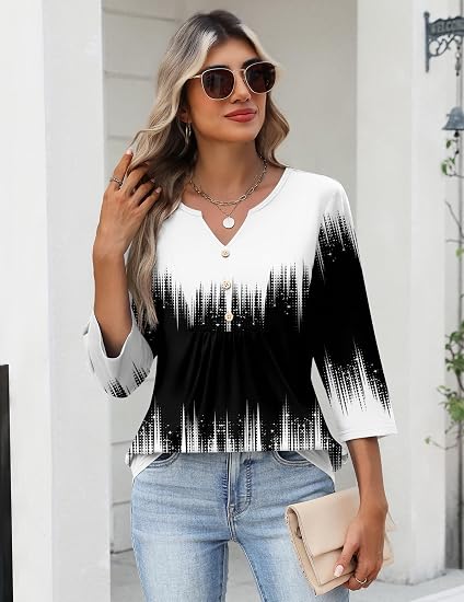 Pleated V-Neck Three-Quarter Sleeve Top